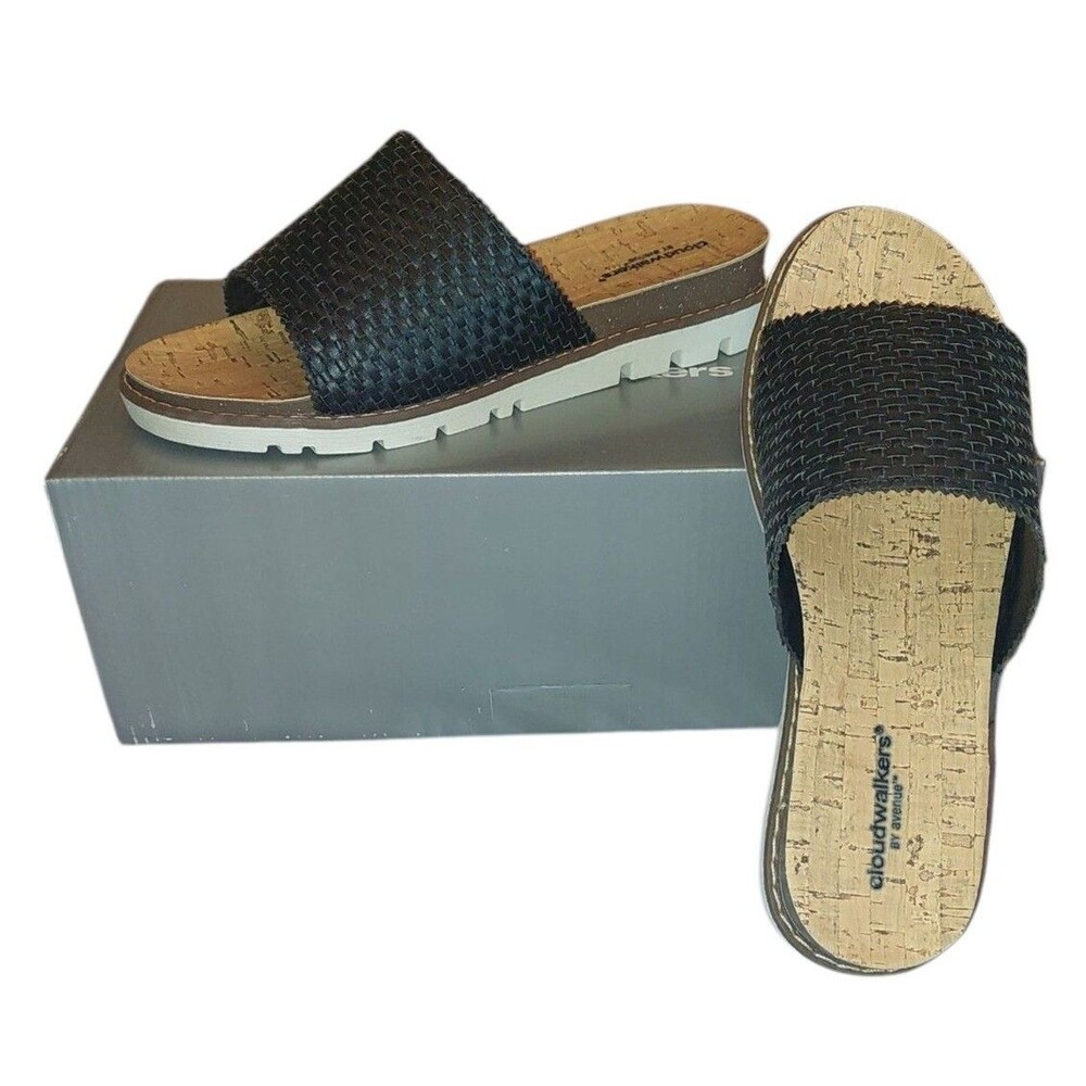 Cloudwalkers By Avenue Fiona Black Weave Slip On Sandals Sz 7 W 7W Cork Look